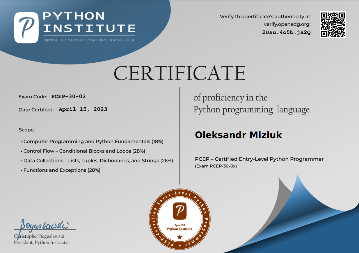 Certificate of proficiency in the Python programming language